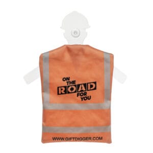 Mini reflecterend veiligheidshesje met de tekst "On the road for you" om onderweg extra mee op te vallen